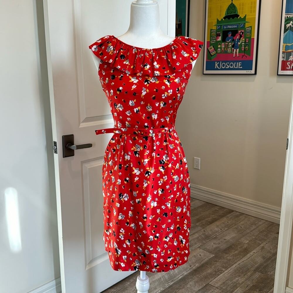 Karen Walker Red Floral Dress With Matching Belt - Size 4